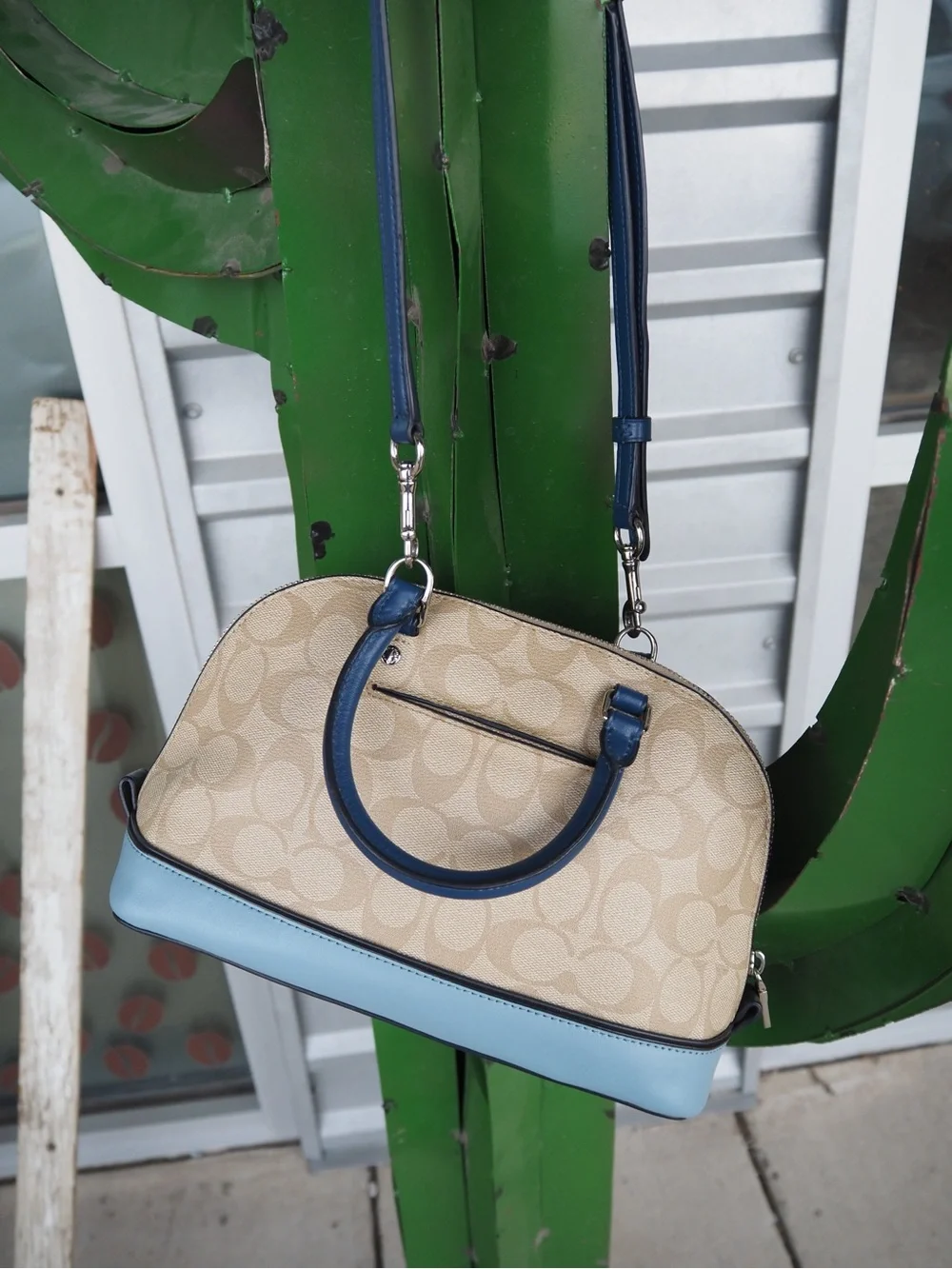 Coach Khaki Signature Canvas Satchel with Light Blue and Navy Trim